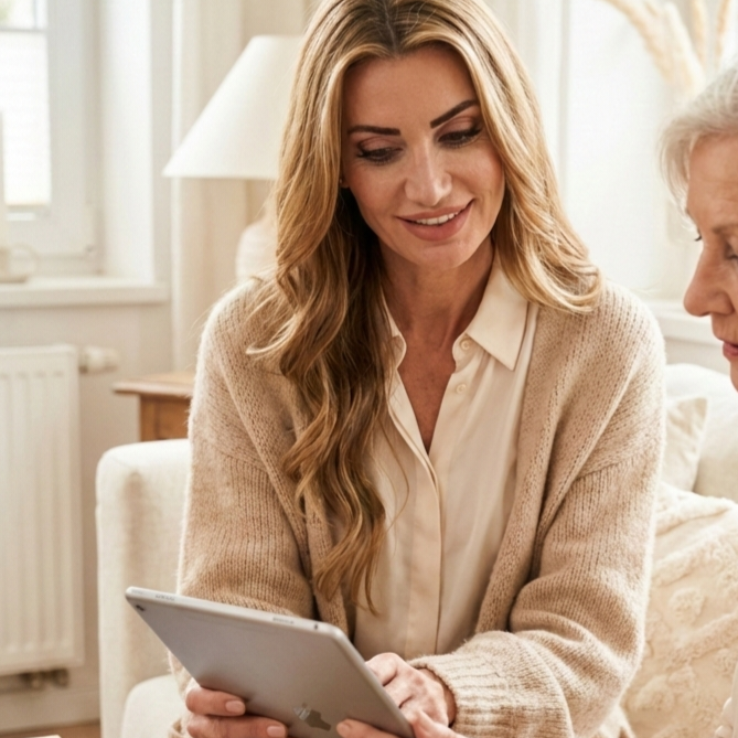 Katharina Laaks erklärt einer Seniorin geduldig die Funktionen eines Tablets beim Kunden zu Hause in Reken.