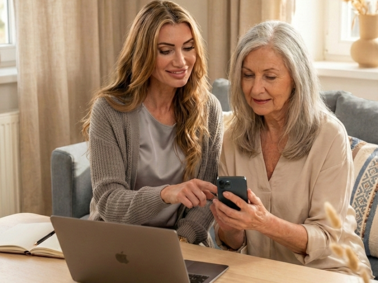 Katharina Laaks erklärt einem Senior geduldig die Funktionen eines Tablets beim Kunden zu Hause in Reken.
